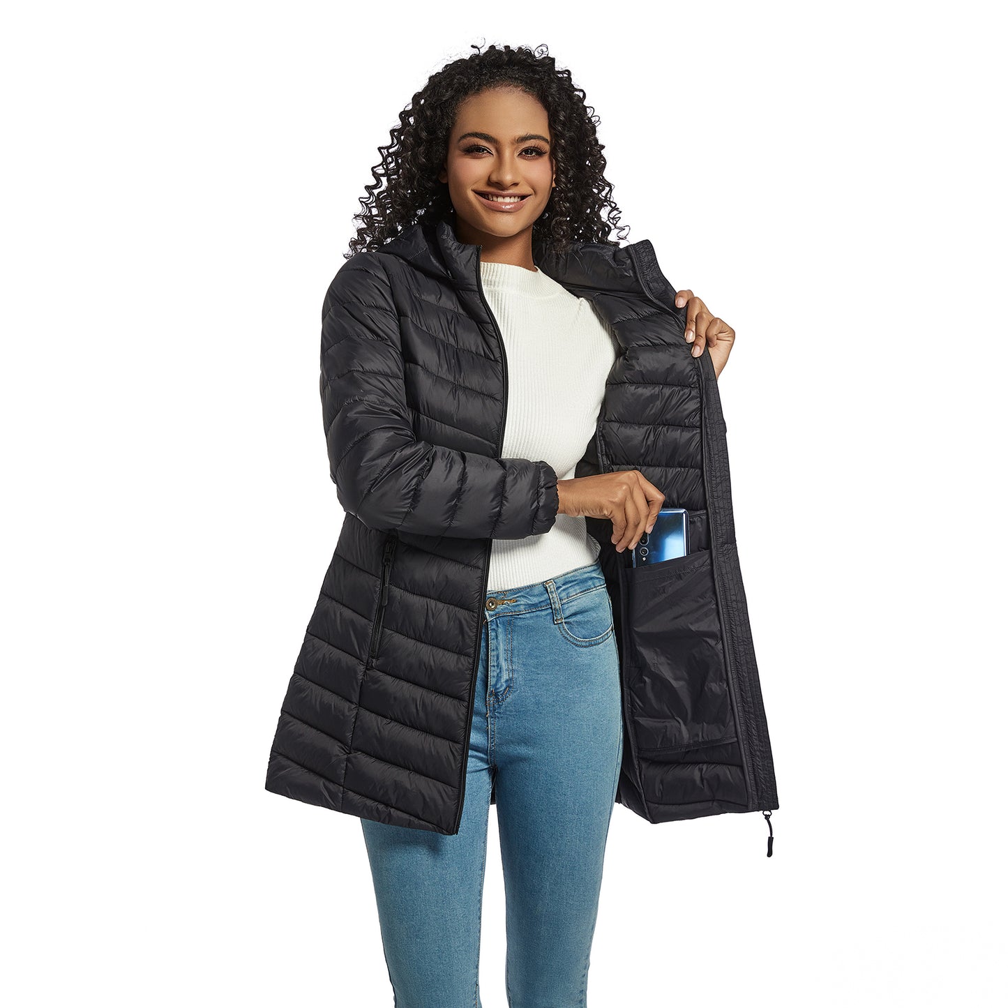 GraCurvce Women's Puffer Coat, Lightweight Water-Resistant Mid-Length Puffer Coat Detachable Hood Slim Fit Packable Winter Coat