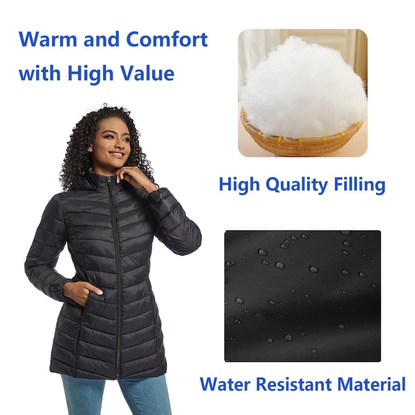 GraCurvce Women's Puffer Coat, Lightweight Water-Resistant Mid-Length Puffer Coat Detachable Hood Slim Fit Packable Winter Coat