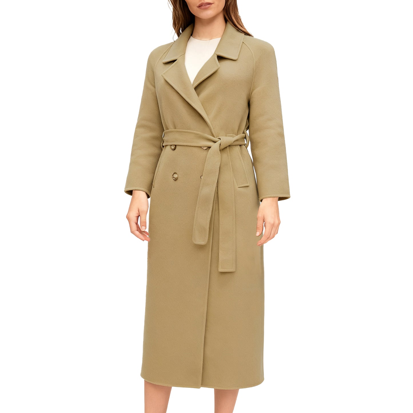 Fluidefashion Women's Long Wool Coat Lapel Collar Double-Breasted Pea Coat Winter Warm Overcoat With Self Belt