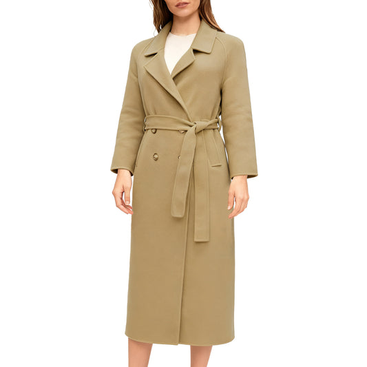 Fluidefashion Women's Long Wool Coat Lapel Collar Double-Breasted Pea Coat Winter Warm Overcoat With Self Belt