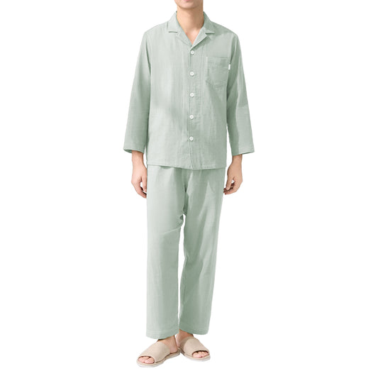 CQZY FUTURE Men’ s Long Sleeve Pajama Set Cotton Soft & Breathable Sleepwear, Button-Up Top Elastic&Waist Pants, Comfortable Loungewear for Home