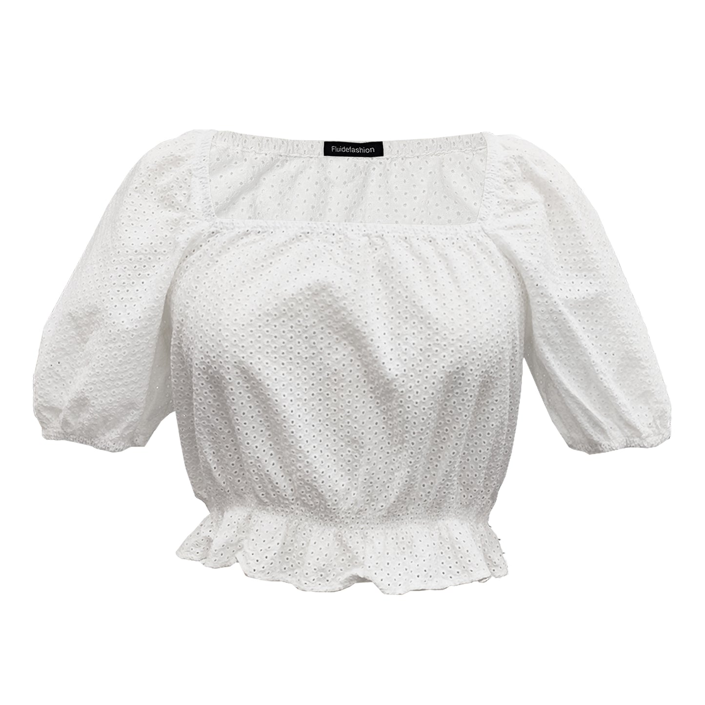 Fluidefashion Women's Puff Sleeve Blouses Summer Square Neck Top, Ruffle Hem and Eyelet Embroidered Styles