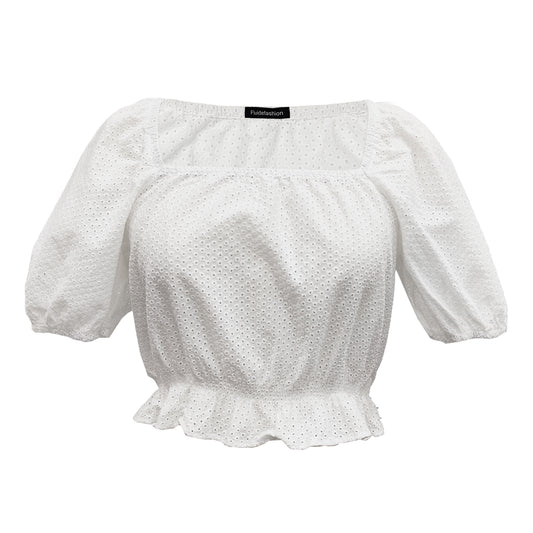 Fluidefashion Women's Puff Sleeve Blouses Summer Square Neck Top, Ruffle Hem and Eyelet Embroidered Styles