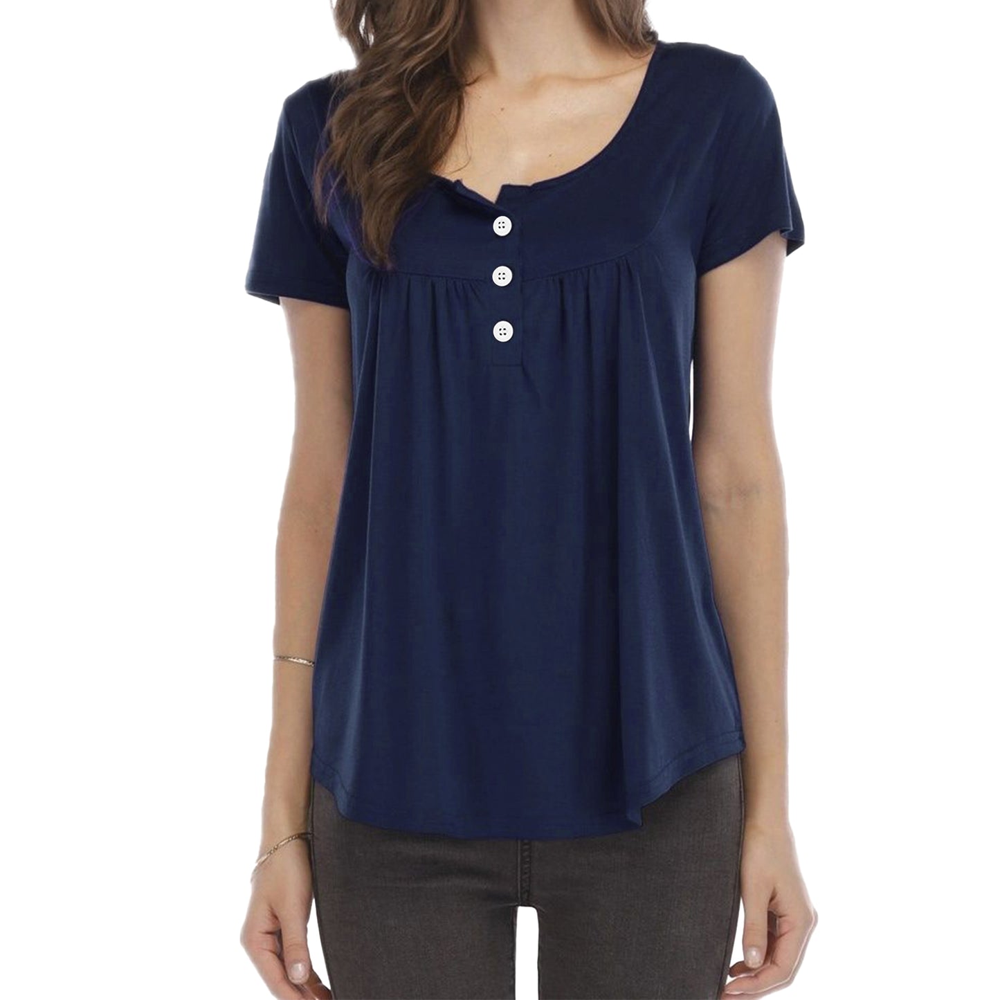 CQZY FUTURE Women's Summer Tops Short Sleeve Henley Top Casual Square Neck Button Down Pleated Blouse with Flowy Fit