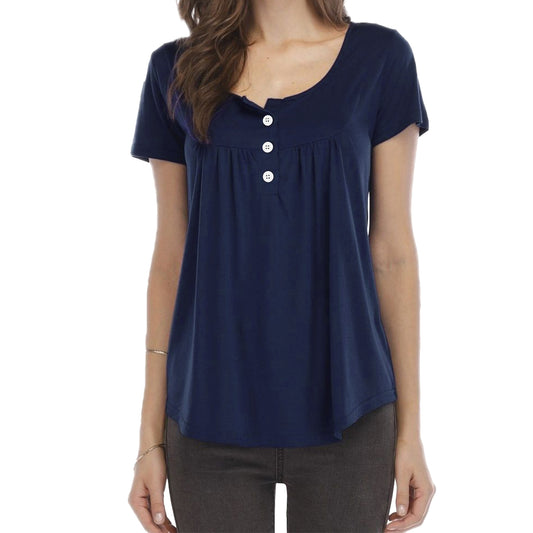 CQZY FUTURE Women's Summer Tops Short Sleeve Henley Top Casual Square Neck Button Down Pleated Blouse with Flowy Fit