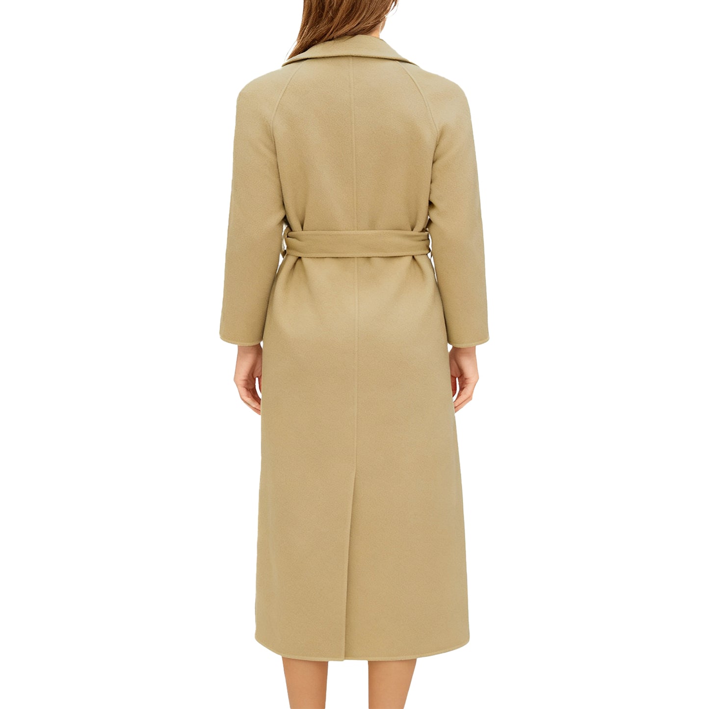 Fluidefashion Women's Long Wool Coat Lapel Collar Double-Breasted Pea Coat Winter Warm Overcoat With Self Belt