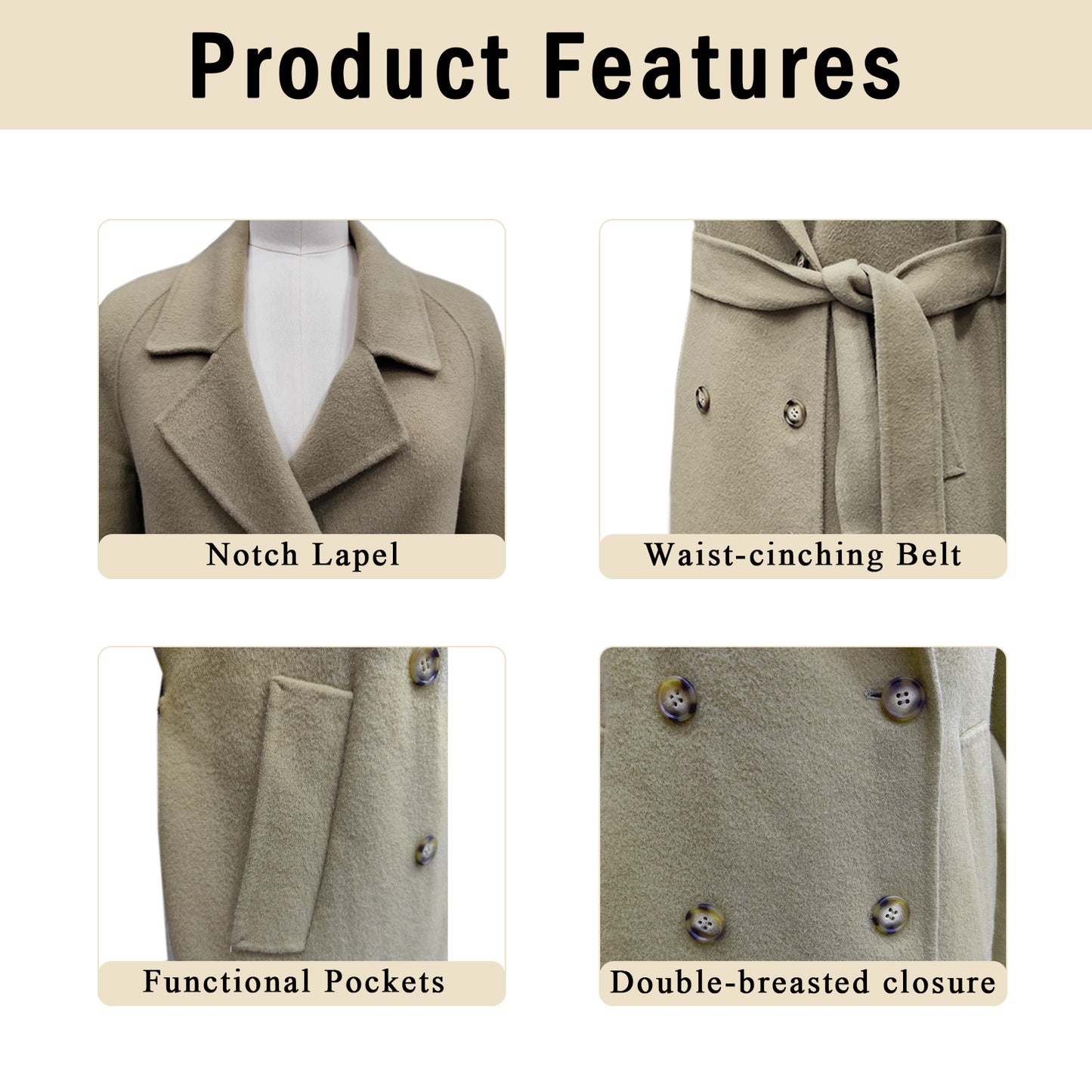 Fluidefashion Women's Long Wool Coat Lapel Collar Double-Breasted Pea Coat Winter Warm Overcoat With Self Belt