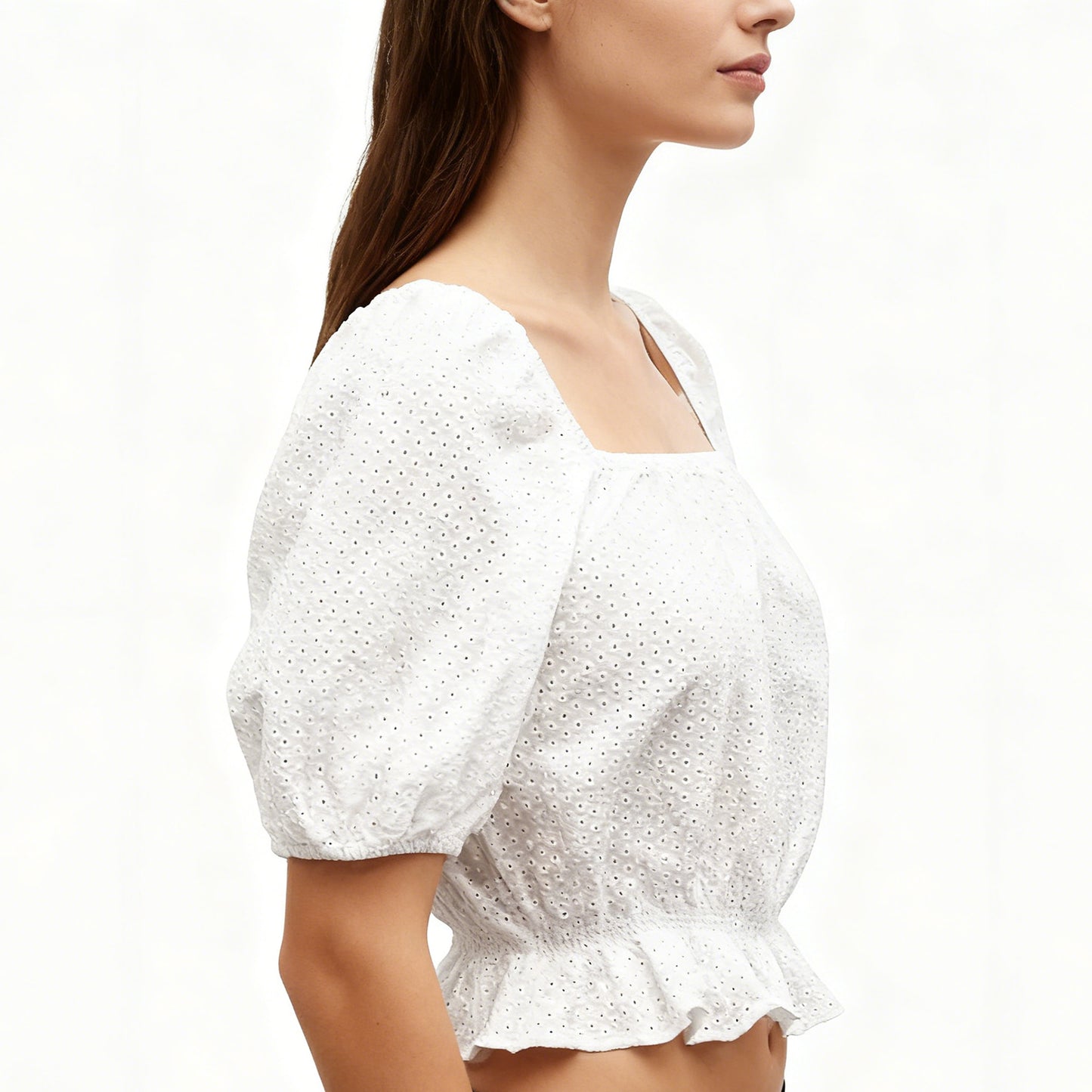 Fluidefashion Women's Puff Sleeve Blouses Summer Square Neck Top, Ruffle Hem and Eyelet Embroidered Styles