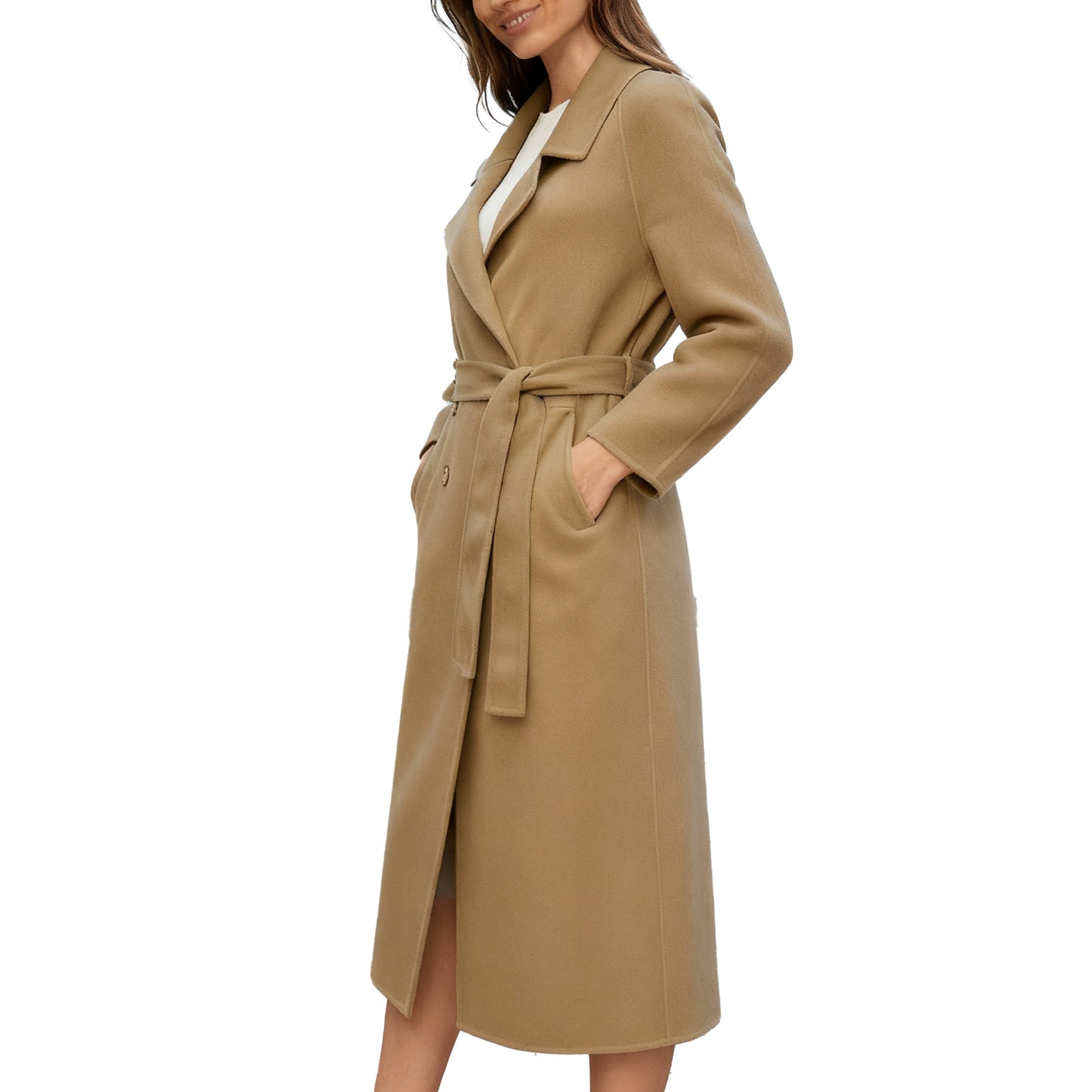 Fluidefashion Women's Long Wool Coat Lapel Collar Double-Breasted Pea Coat Winter Warm Overcoat With Self Belt