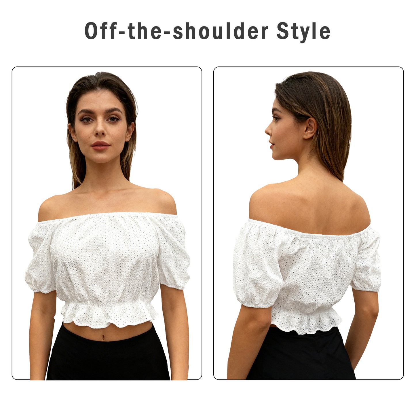 Fluidefashion Women's Puff Sleeve Blouses Summer Square Neck Top, Ruffle Hem and Eyelet Embroidered Styles