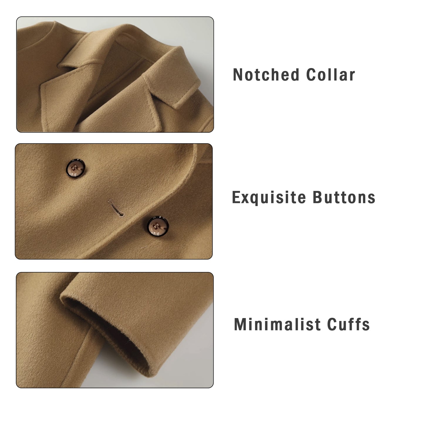 CQZY FUTURE Women’s Winter Long Wool Coat Notched Collar Double-Sided Woolen Elegant Pea Coat Double Breasted Styles Long Trench Coat