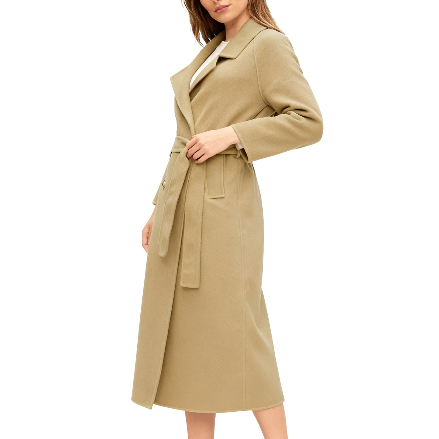 Fluidefashion Women's Long Wool Coat Lapel Collar Double-Breasted Pea Coat Winter Warm Overcoat With Self Belt