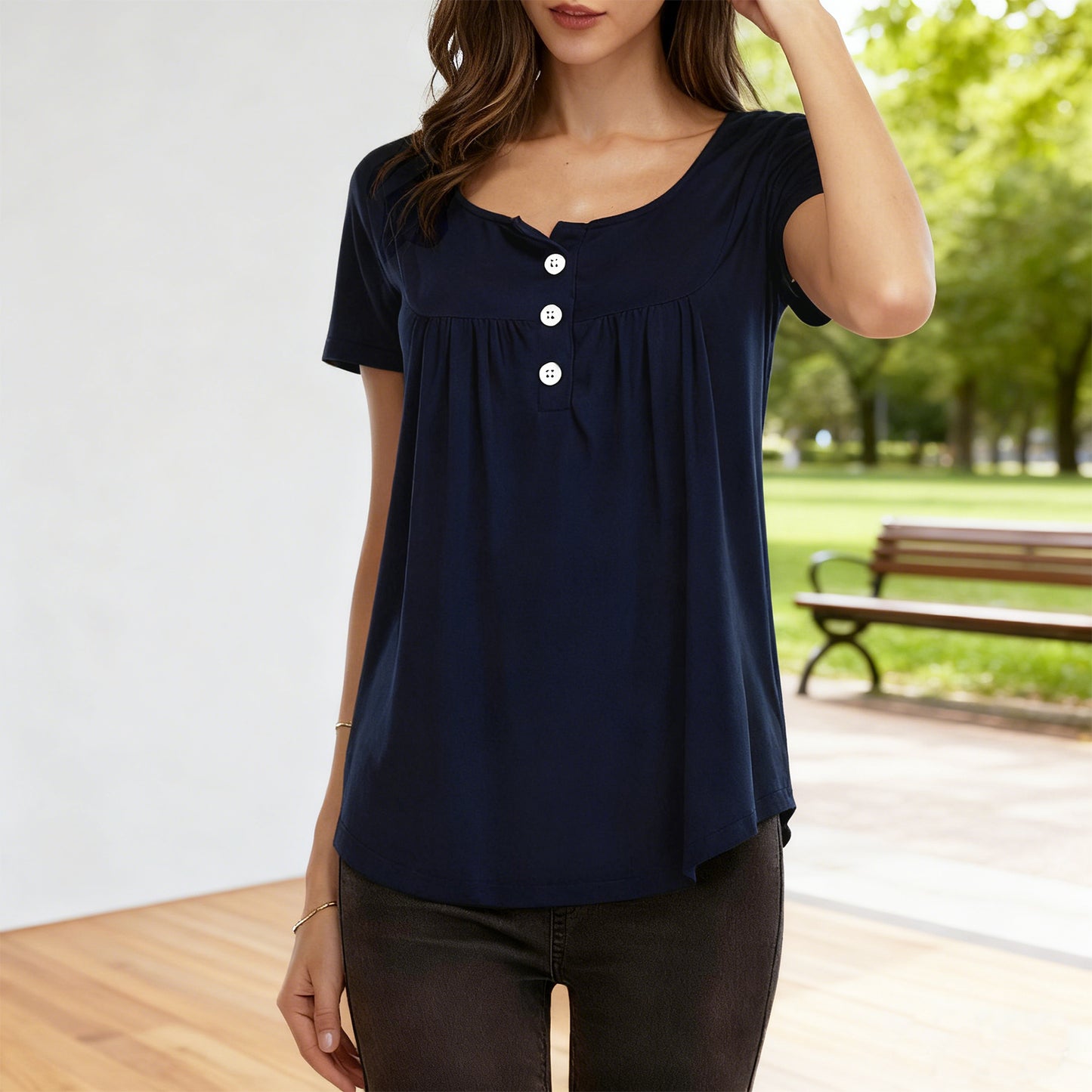 CQZY FUTURE Women's Summer Tops Short Sleeve Henley Top Casual Square Neck Button Down Pleated Blouse with Flowy Fit