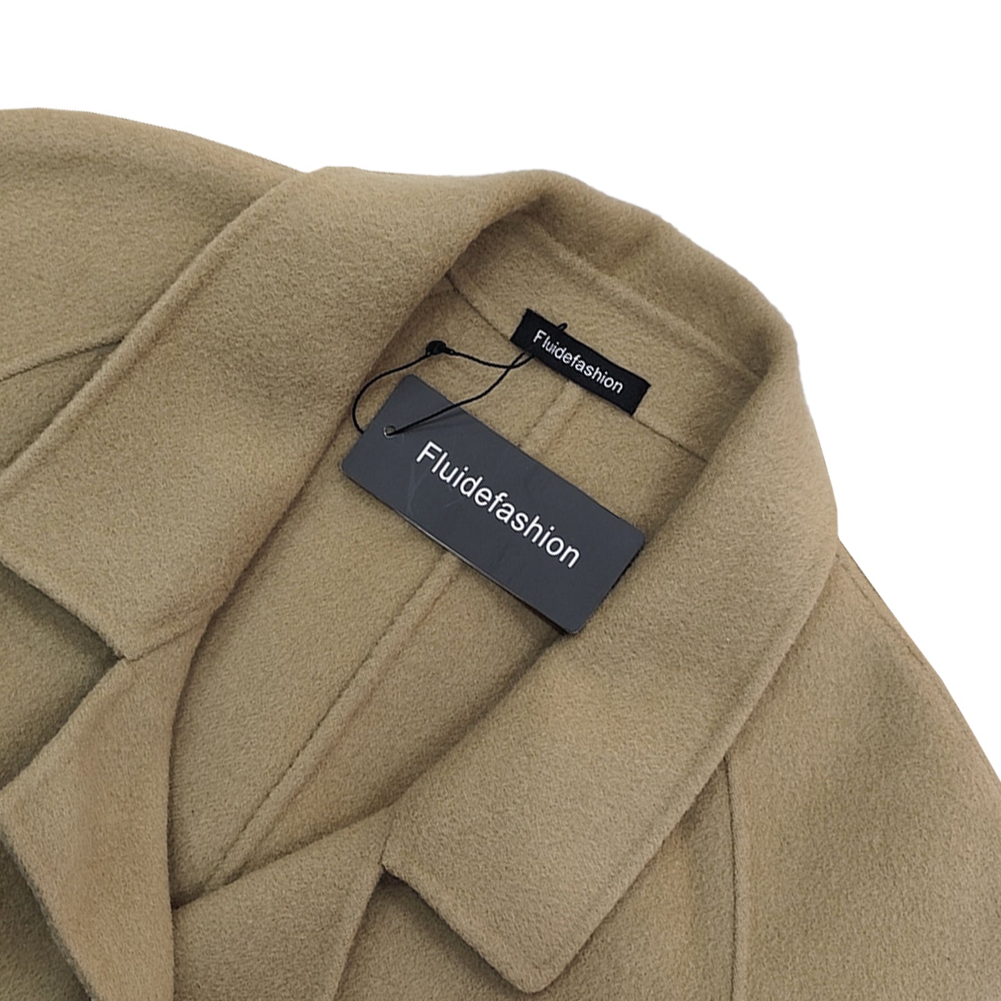 Fluidefashion Women's Long Wool Coat Lapel Collar Double-Breasted Pea Coat Winter Warm Overcoat With Self Belt