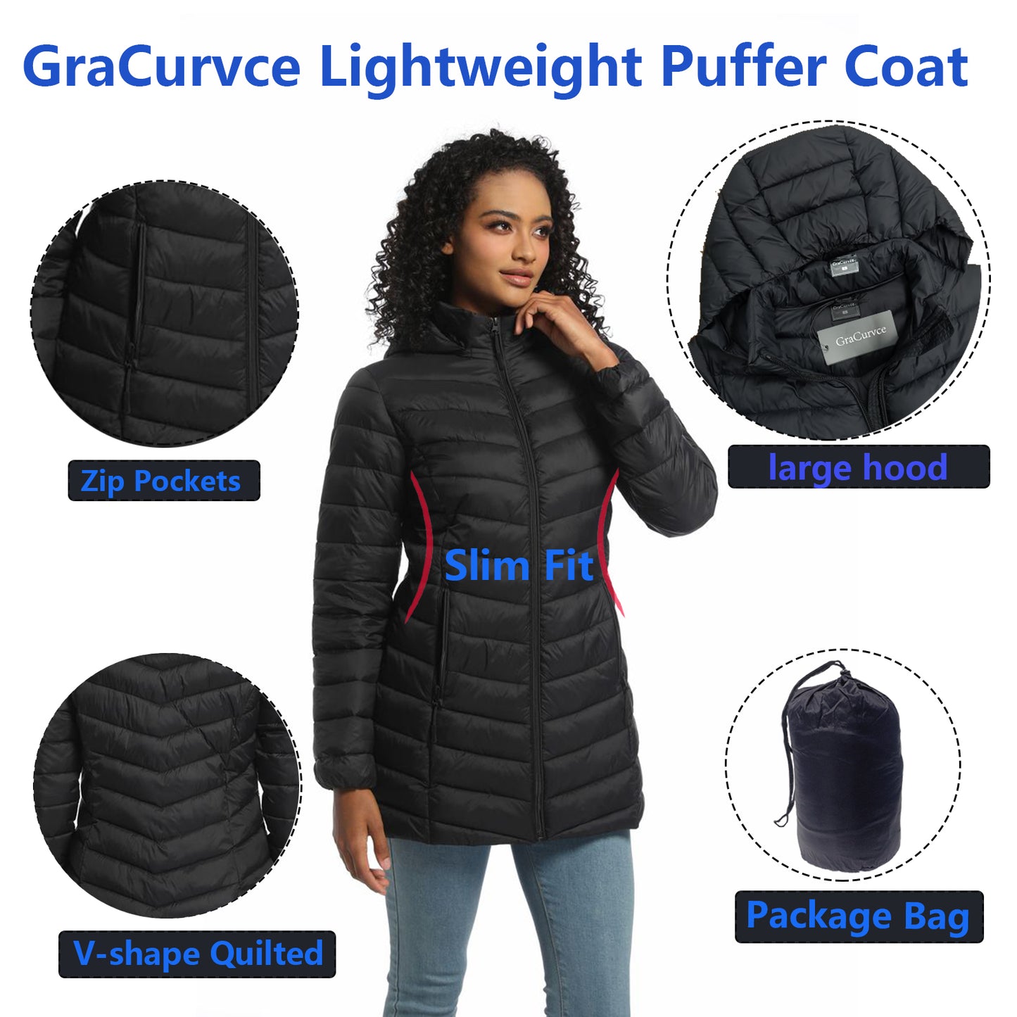 GraCurvce Women's Puffer Coat, Lightweight Water-Resistant Mid-Length Puffer Coat Detachable Hood Slim Fit Packable Winter Coat