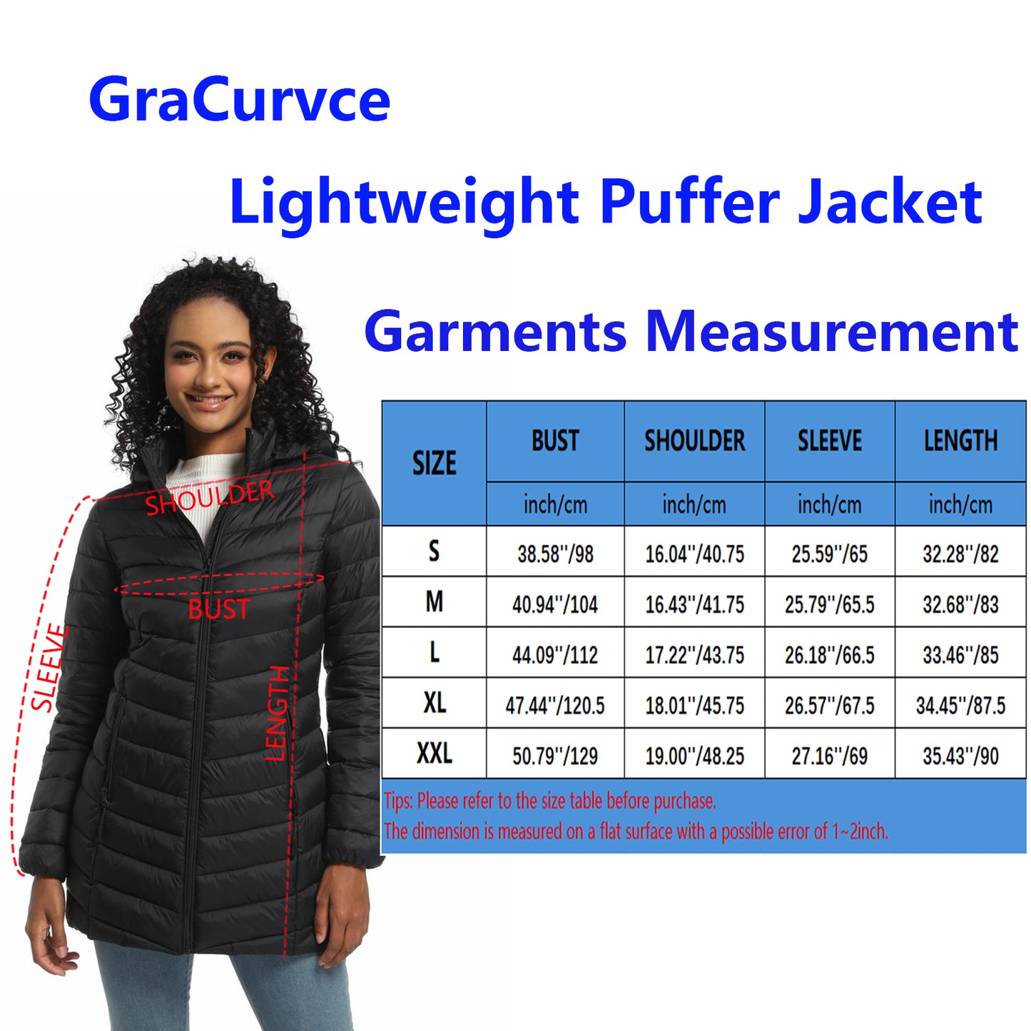 GraCurvce Women's Puffer Coat, Lightweight Water-Resistant Mid-Length Puffer Coat Detachable Hood Slim Fit Packable Winter Coat