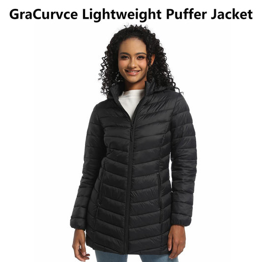 GraCurvce Women's Puffer Coat, Lightweight Water-Resistant Mid-Length Puffer Coat Detachable Hood Slim Fit Packable Winter Coat